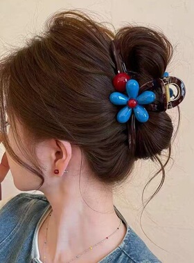 撞色蓝色花朵抓夹女高级感发夹