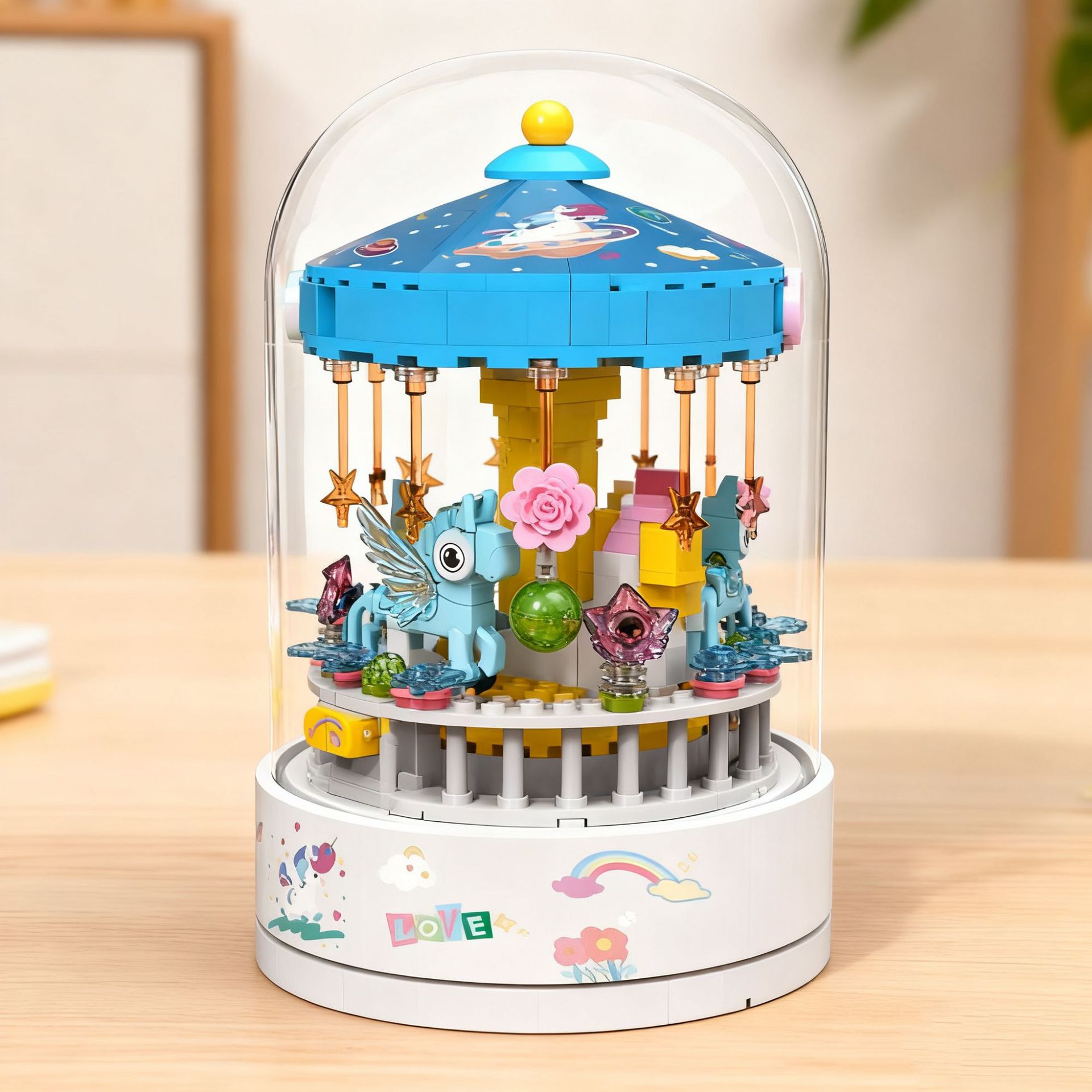 积宝乐旋转木马解压积木手工拼装桌面摆件益智玩具音乐盒生日礼物