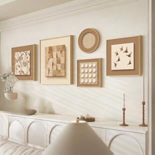 法式原木奶油风客厅装饰画意式极简组合沙发背景墙壁画高级感挂画