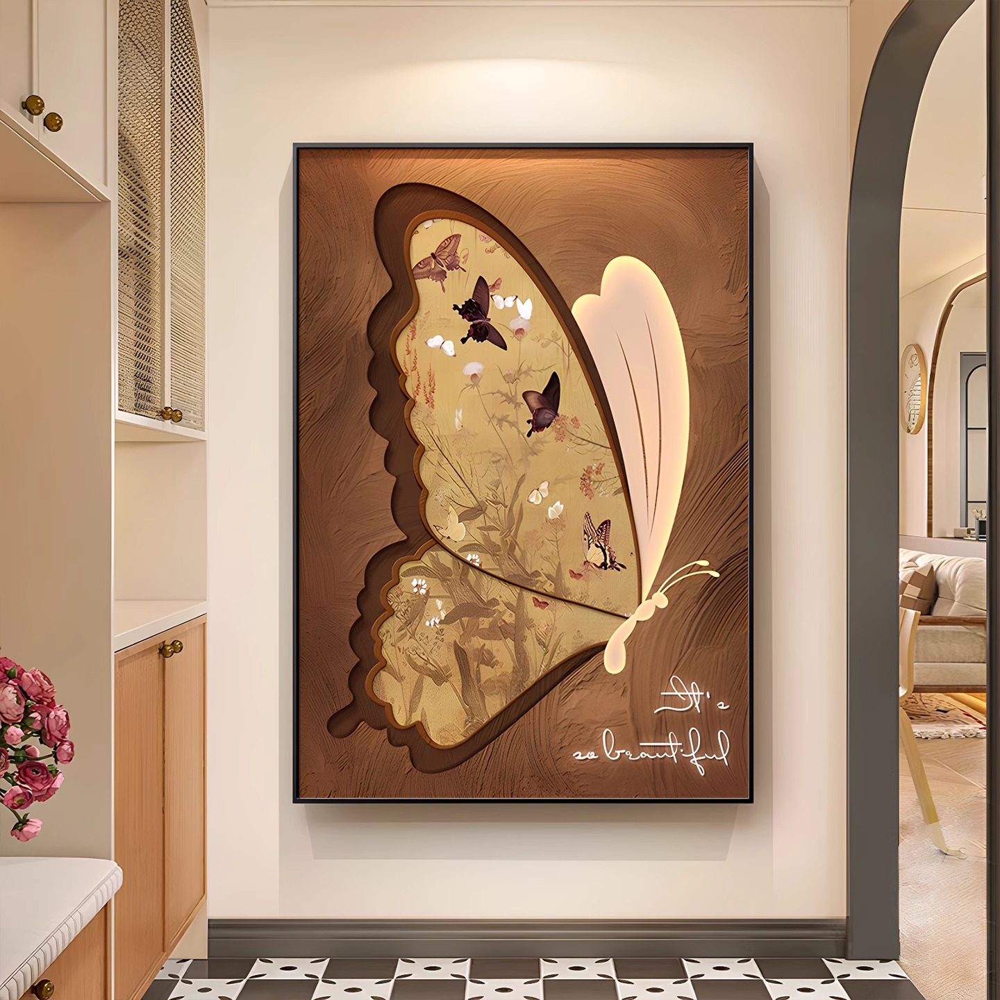 中古风蝴蝶玄关装饰画复古艺术客厅沙发背景墙挂画落地画走廊壁画图片