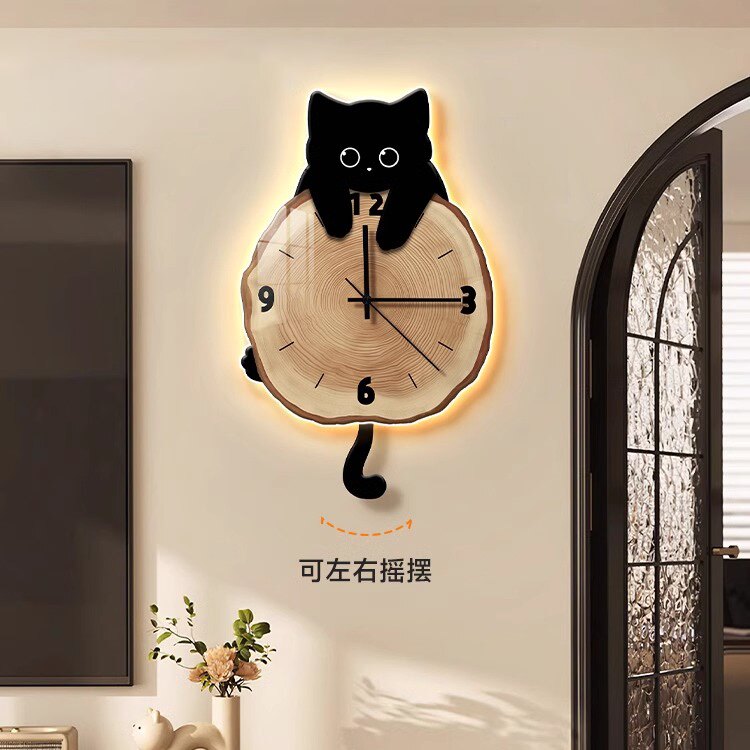 现代简约猫咪挂钟装饰画创意静音电视背景墙时钟2026新款钟表摆钟