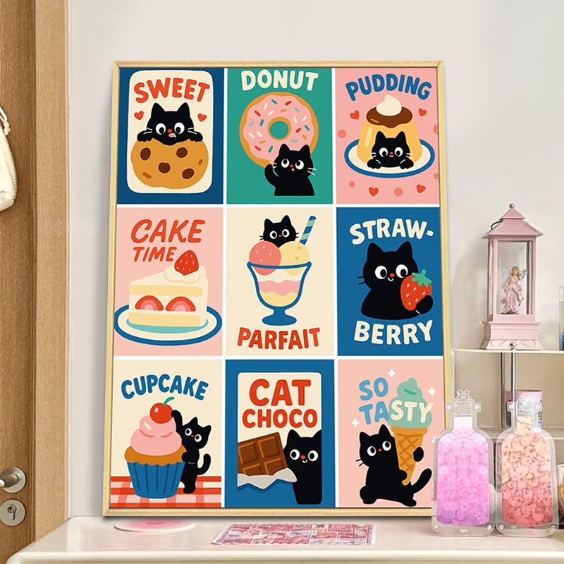 趣味卡通可爱猫咪装饰画多巴胺餐厅儿童房挂画卧室梳妆台摆件壁画图片