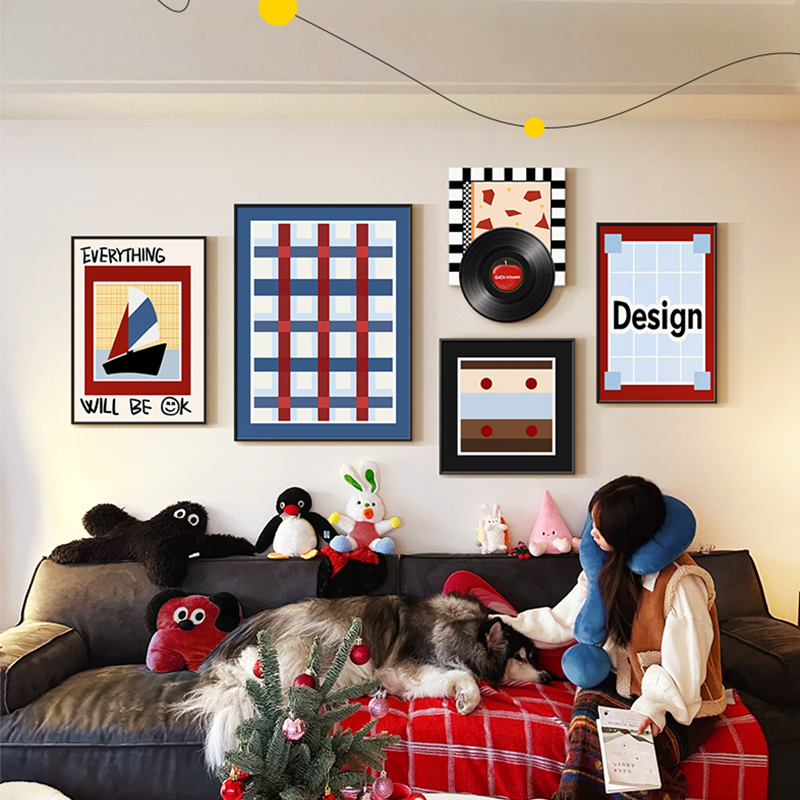 多巴胺抽象客厅装饰画2025新款沙发背景墙挂画创意卡通组合墙壁画