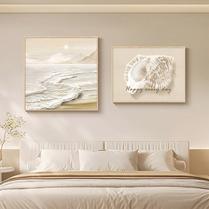 奶油风卧室床头装饰画抽象海浪肌理感房间主卧背景墙挂画餐厅壁画图片