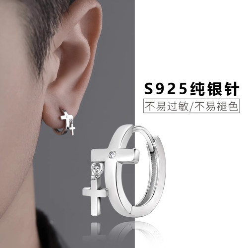 银针十字架耳环单只耳钉男生潮流高级感个性百搭简约耳圈耳扣耳饰