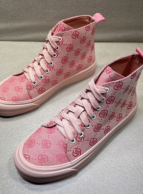 欧货粉色帆布高帮鞋女英伦风2025新款韩版加绒短靴系带马丁靴女潮