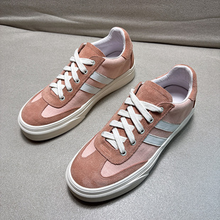 欧货系带单鞋 韩版 百搭英伦真皮透气平底拼色浅口休闲鞋 女2025新款