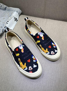 欧货乐福鞋女英伦2025春季新款印花帆布米奇厚底单鞋一脚蹬懒人鞋