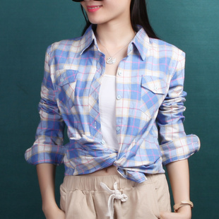 精美品格子衬衣2024新款韩版修身撞色长袖格子棉衬衫女浅黄色