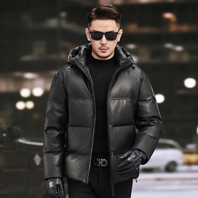 真皮皮衣男装白鹅绒头层小牛皮拖卸帽皮夹克中长款羽绒内胆外套潮