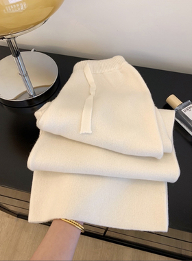 150cm白色针织阔腿裤子女秋冬小个子垂坠感宽松休闲直筒长裤155xs