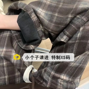150小个子冬季毛呢格子阔腿裤女加绒加厚懒惰风复古宽松休闲长裤