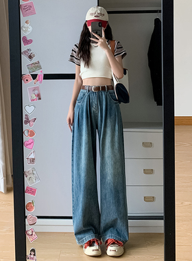 夏季韩版蓝色牛仔阔腿裤女小矮个子高腰宽松显瘦褶皱直筒拖地长裤