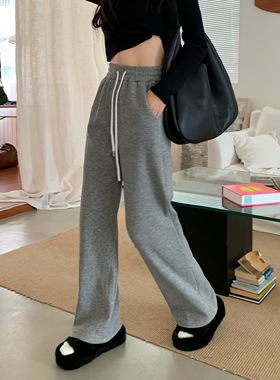 150小矮个子灰色运动阔腿裤女秋冬加绒加厚垂感宽松直筒休闲长裤