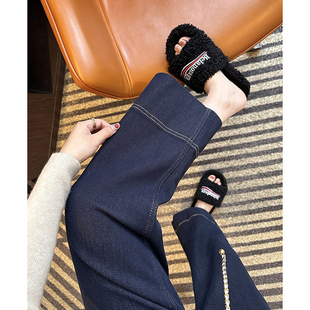 145直筒裤 秋冬加厚小个子150深蓝色牛仔阔腿裤 女高腰加绒百搭窄版