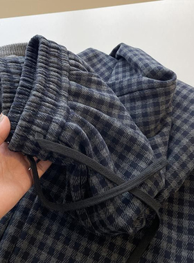 秋冬加厚小个子150复古格子裤女加绒遛弯裤抽绳百搭休闲阔腿卫裤