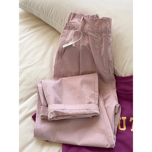 宽松高腰小个子150休闲直筒长裤 女夏季 145 阔腿裤 万能百搭粉色工装