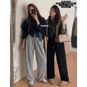 150小个子抽绳束脚运动阔腿裤 女秋冬加绒加厚145xs休闲直筒长裤 潮