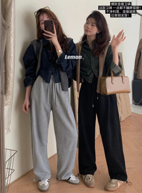 150小个子抽绳束脚运动阔腿裤女秋冬加绒加厚145xs休闲直筒长裤潮