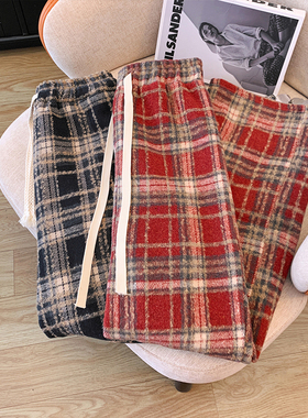 春秋小个子150裤子红色格子阔腿裤女辣妹美式155xs显高休闲直筒裤