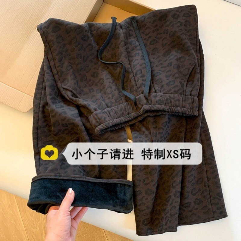冬季加绒加厚豹纹休闲裤女高腰小个子150外穿保暖宽松阔腿长裤潮