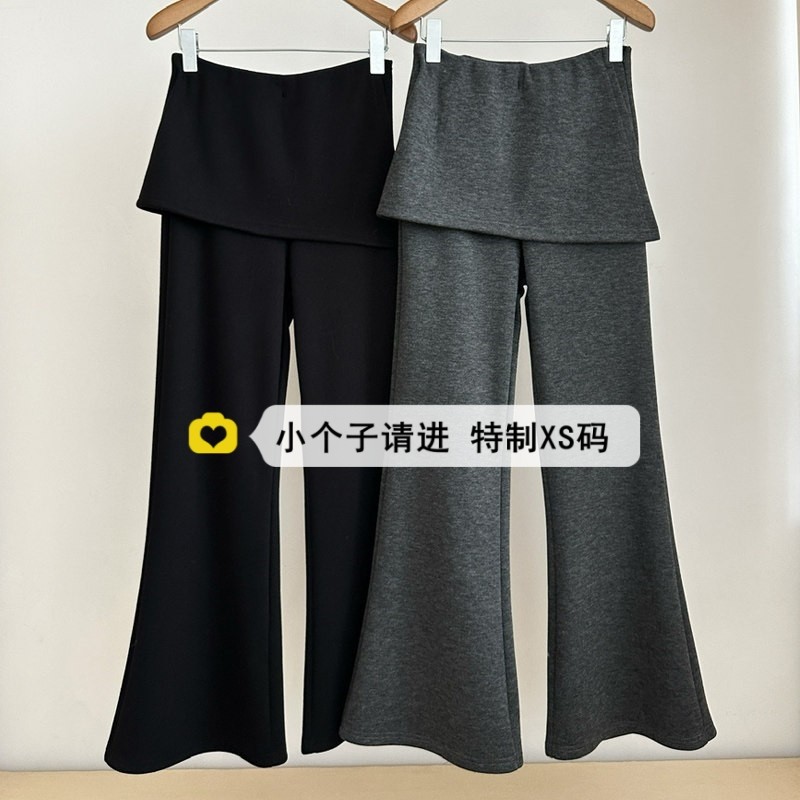 150小个子加绒灰色屁帘喇叭裤女冬季宽松加厚假两件休闲微喇长裤