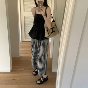 小个子裤子150八分格子阔腿裤女夏显高145xs码休闲宽松直筒九分裤