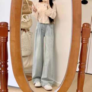 女春秋高腰宽松显瘦直筒拖地裤 小个子裤 子150浅色褶皱阔腿牛仔裤