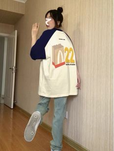 ins潮宽松百搭显瘦慵懒学院风上衣 夏季 100%纯棉插肩短袖 t恤女韩版