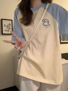 百搭小众设计感宽松ins休闲风上衣 新款 100%纯棉插肩短袖 t恤女夏季