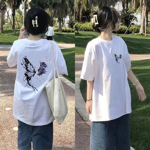 蝴蝶印花休闲ins百搭显瘦宽松情侣上衣 新款 100%纯棉短袖 t恤女夏季