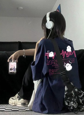 日系甜酷字母印花100%纯棉短袖T恤女夏季新款潮流宽松ins慵懒上衣