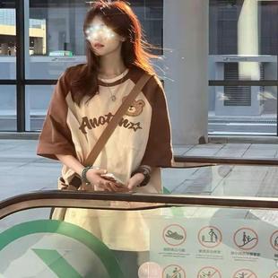 韩系减龄卡通小熊印花夏季 t恤女设计感宽松小众上衣 纯棉插肩短袖