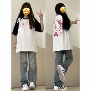 oversizet恤女撞色甜美韩系ins百搭宽松上衣 短袖 100%纯棉夏季 新款