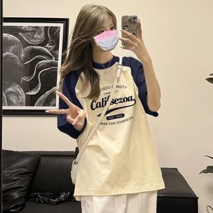 甜辣小清新宽松显瘦ins风休闲上衣 美式 100%纯棉拼接短袖 t恤女夏季