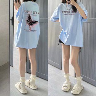 t恤女韩版 短袖 宽松设计感显瘦上衣 蝴蝶印花2024新款 100%纯棉美式