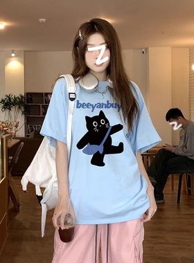 蓝色纯棉短袖t恤女夏2025新款超好看多巴胺学院风甜美宽松ins上衣