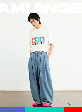 KAMIANGER RGB 新款双纱平纹纯棉星星丝网印花宽松百搭短袖T恤