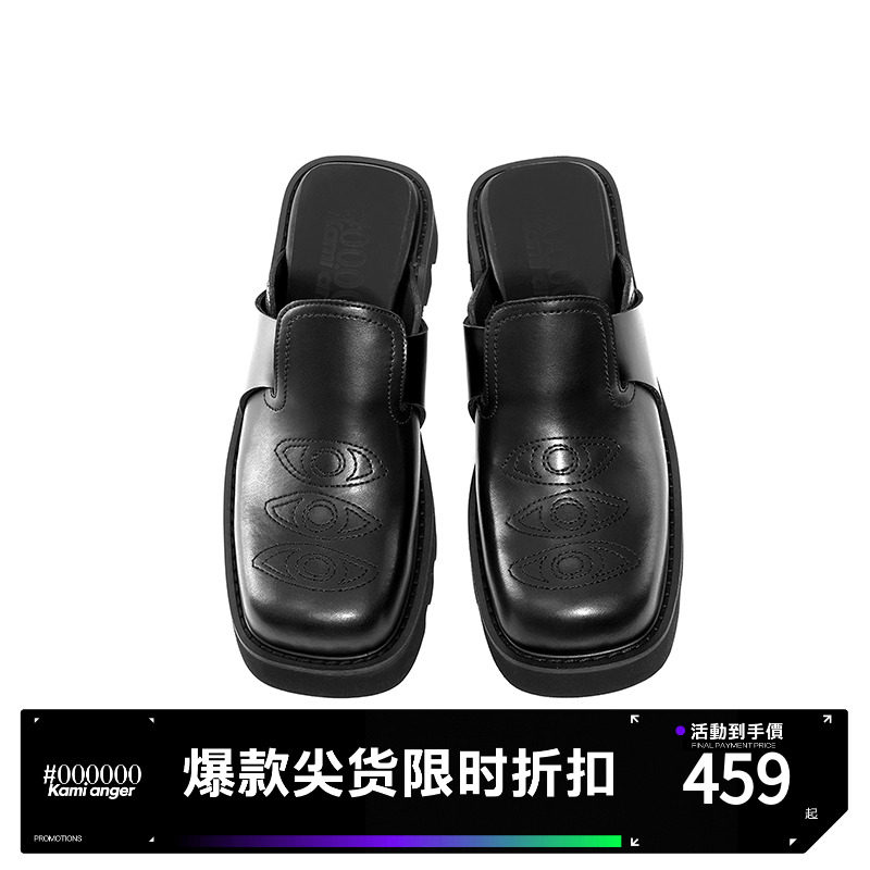 Kami anger眼睛刺绣方包头博肯鞋 时尚厚底黑色休闲增高半拖鞋