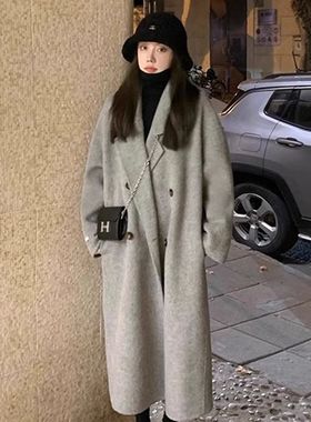 赫本风灰色双面毛呢大衣女2025新款秋冬小个子中长款高端毛呢外套