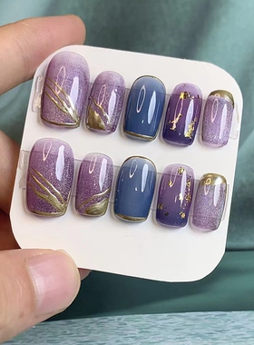 彩虹晶石蓝紫色手工美甲穿戴甲成品 可拆卸简约小资便捷指甲贴片