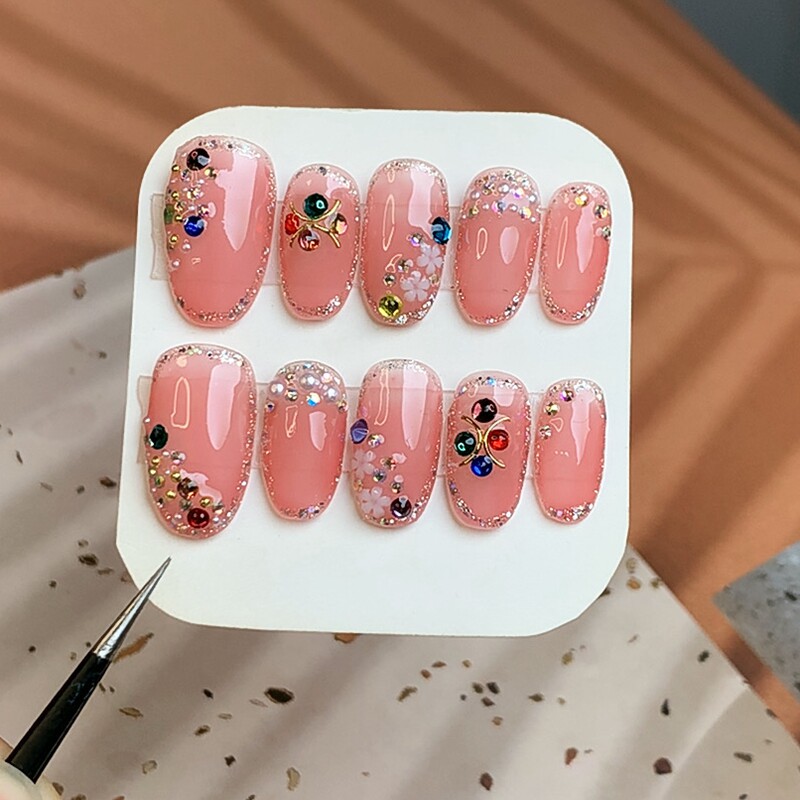 粉色亮钻手工美甲穿戴甲贴片 清新仙女假指甲 结婚美甲定制可拆卸