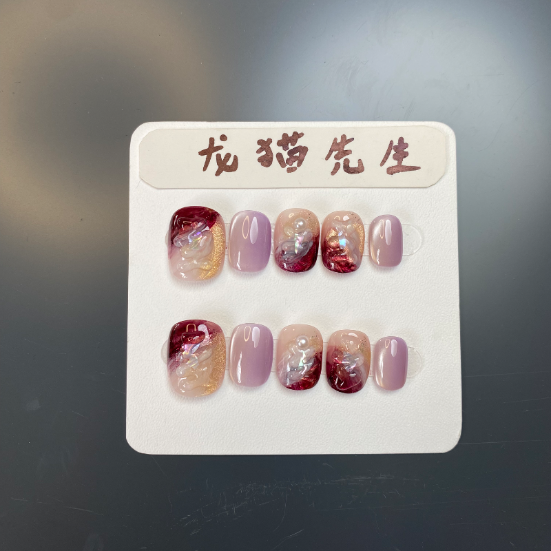 紫霞酒红国风手工穿戴甲显白美甲贴片A0573可拆卸假指甲成品
