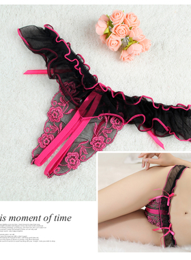 丁字裤女全透明内裤蕾丝花边开裆无底日本T裤透视超薄T型情侣紫色