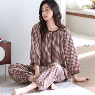 女士睡衣纯棉简约大码 格子家居服 圆领九分袖 亲肤舒适中年妈妈薄款