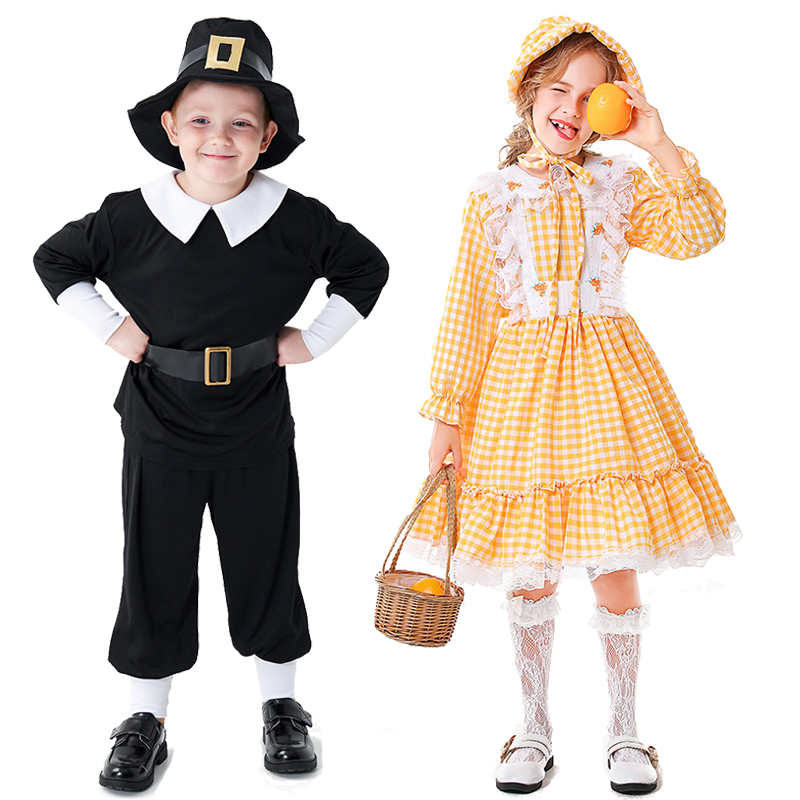 欧美舞台剧演出殖民地男孩服女孩草原朝圣者黄格子碎花裙Colonial