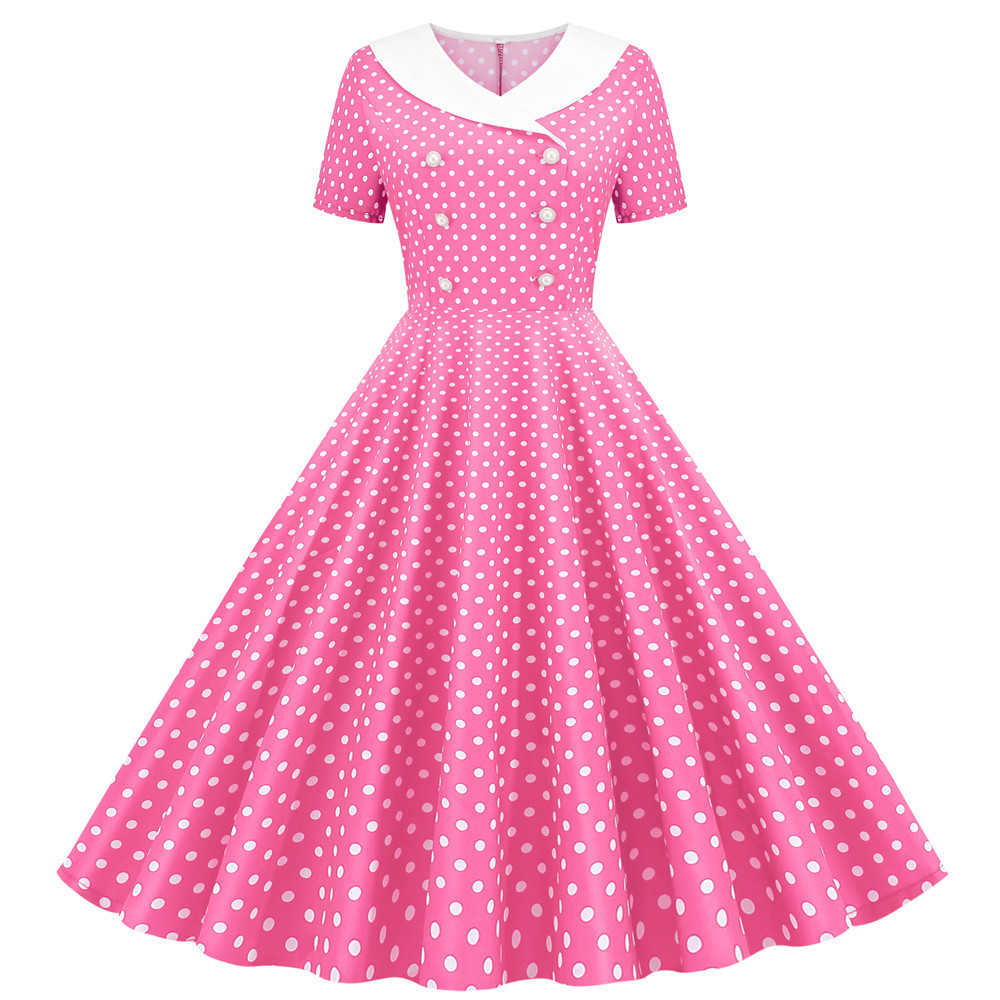 50s 60年代布拉吉大摆连衣裙复古波点双排扣裙子反串舞蹈演出服装