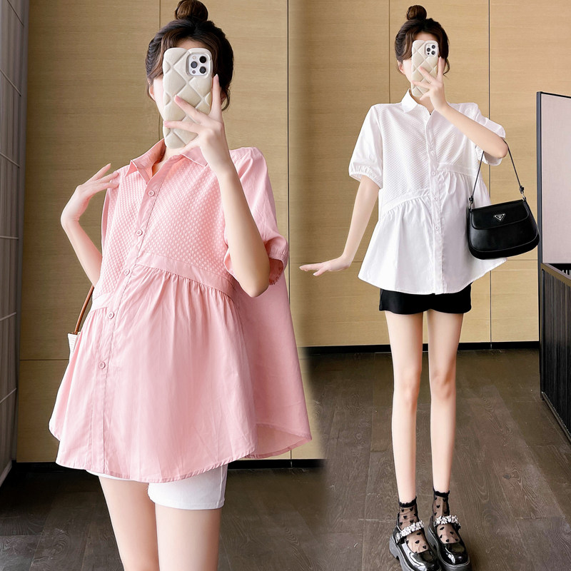 PREGNANT WOMAN SHORT SLEEVE SHIRT 2024 SUMMER NEW PREGNANCY LOOSE FASHION BABYDOLL SHIRT PUFFERED SHIRT TOP DRESS