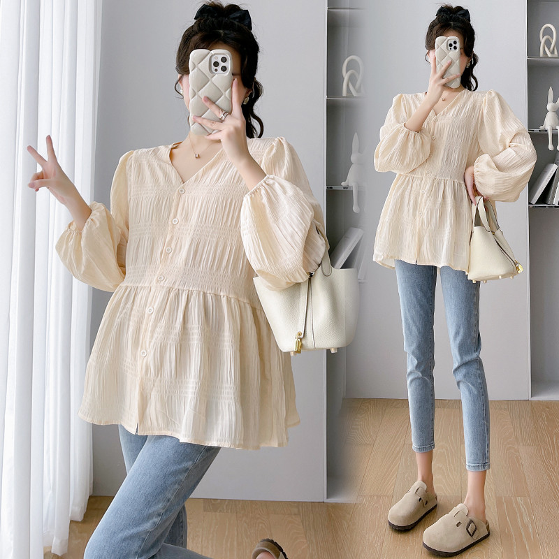 PREGNANT WOMEN AUTUMN LONG SLEEVE TOP FRENCH V-NECK GENTLE LOOSE PREGNANCY BELLY COVER OPEN BUTTON DOLL SHIRT TOP