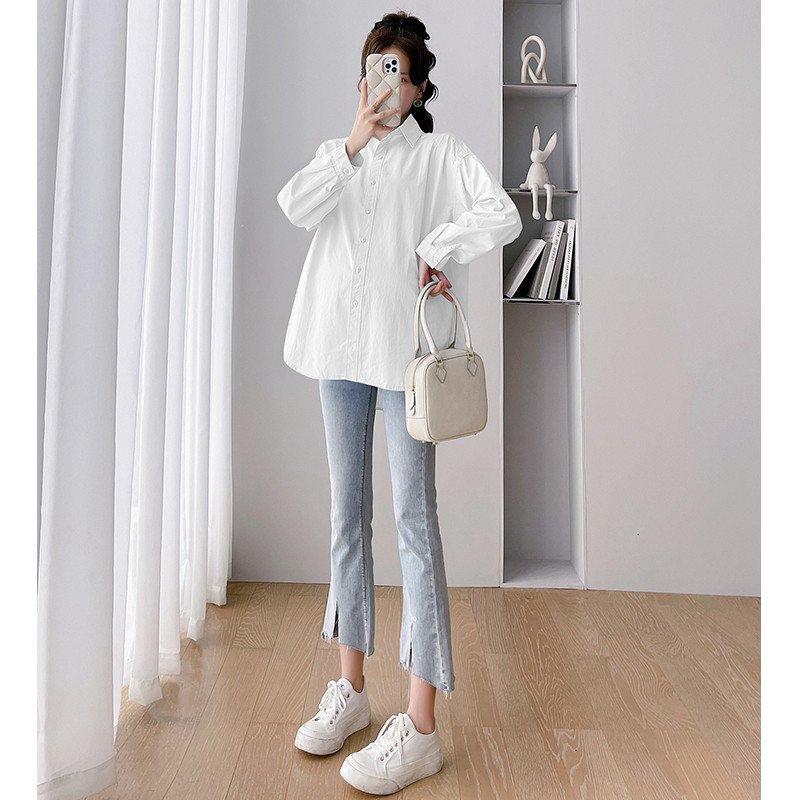 2024 MATERNITY NEW AUTUMN LONG SLEEVE SHIRT PLUS SIZE LOOSE PREGNANCY WORK CASUAL BELLY COVERING SHIRT COTTON TOP